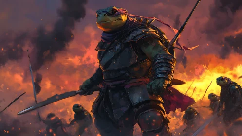 Armored turtle warrior leads sword charge through inferno