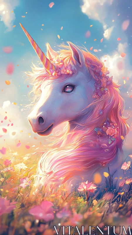Digital illustration of unicorn in flower field at sunrise.