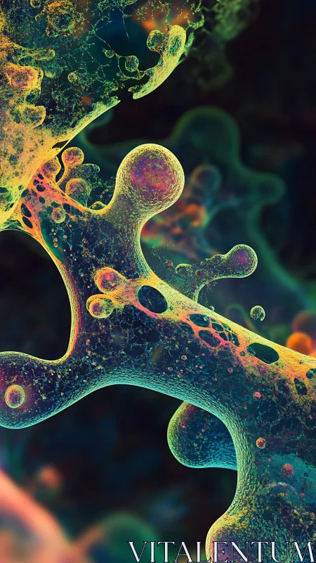 Neon cellular lattice flows through luminous abstract void.