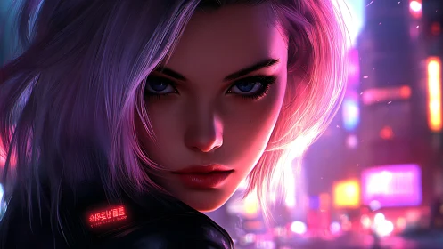 Cyberpunk woman stares forward in neon city at night
