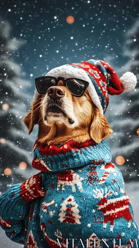 Dog wears Christmas sweater and hat in snowy outdoor scene