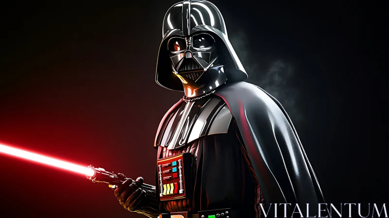 Dark armored figure with glowing red sci-fi lightsaber.