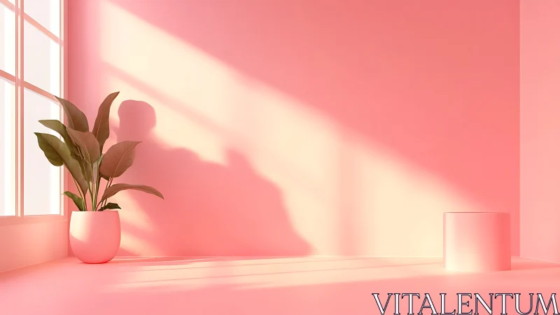Sunlit pink room holds potted plant and minimal cylinder