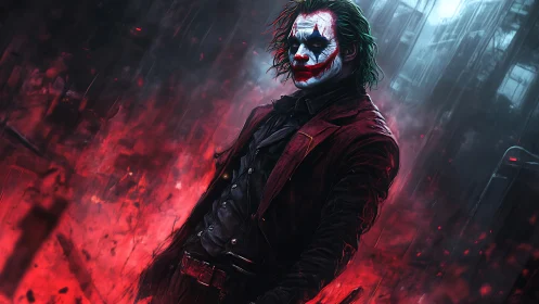 Sinister clown figure stalks through neon smoke and rain