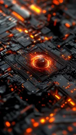 Glowing cyber core pulsing with warm neon circuitry light.