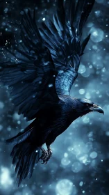 Midnight raven in icy blue bokeh storm sky.