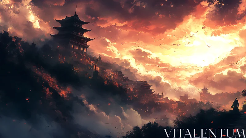 Mountain temples under dense clouds with distant figure.