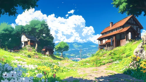 Sunny rural hillside village with wooden houses and flowers.