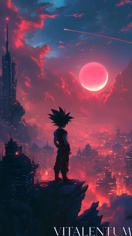 Neon dusk crowns a lone warrior above the burning city