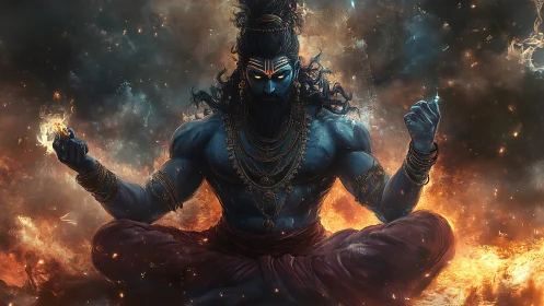 Storm-eyed fire yogi in cosmic meditation blaze.