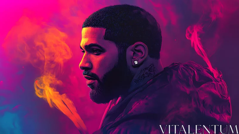 Neon-lit portrait of a reflective man in swirling color haze.