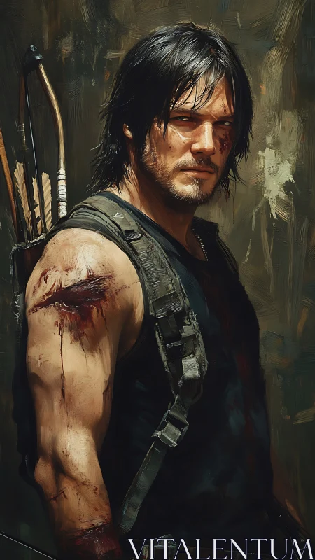 Wounded archer warrior stands under harsh directional light