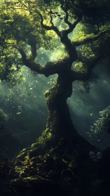 Ancient forest guardian stretches skyward through misted light