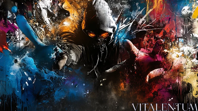 Hooded spectral figure emerging through explosive graffiti chaos.