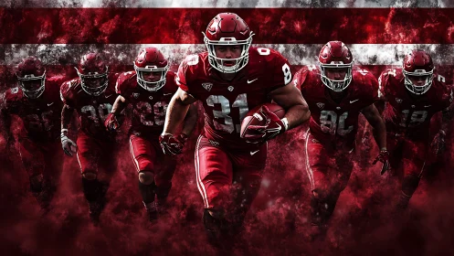 Gridiron players advancing through red digital composite field.