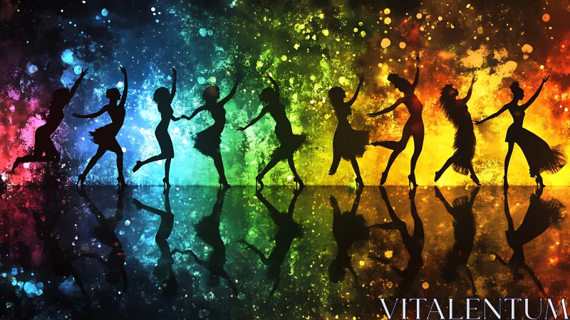 Joyful dancers celebrate color in a vibrant rainbow night