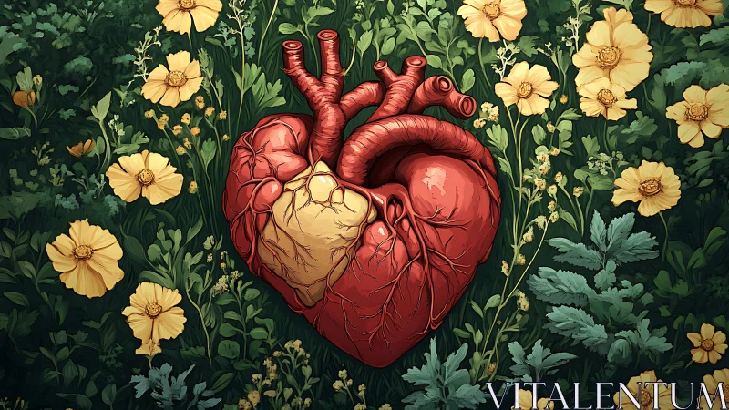 Anatomical Heart on Floral Garden Background.