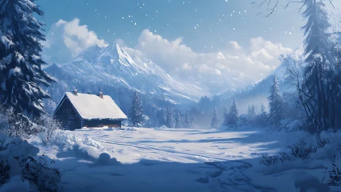 Silent cabin dreaming beneath snowfall and blue mountain hush.