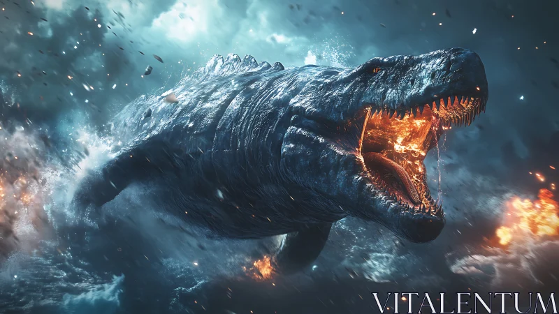 Fiery sea monster charges forward in chaotic ocean battle.