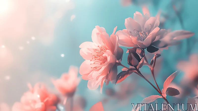 Pink blossoms on stem against soft turquoise background.
