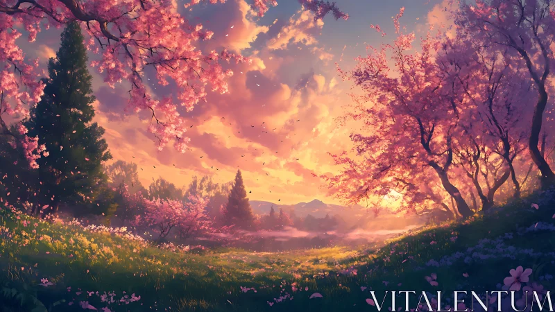 Sunlit spring valley with dense cherry blossoms and volumetric sky