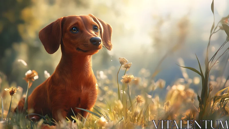 Dachshund puppy in glowing meadow light at golden hour.
