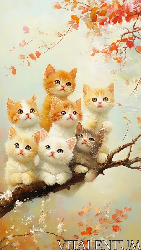 Six Kittens on a Branch with Autumn Leaves