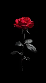 Red rose on black background with grayscale stem.