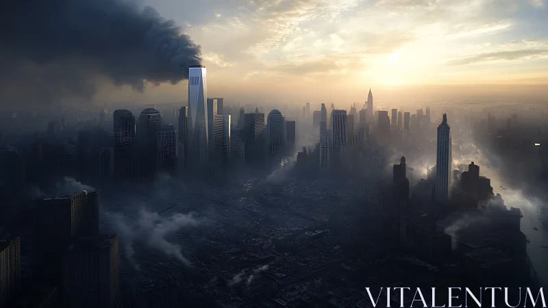 Smoldering futuristic skyline under diffuse post-apocalyptic dawn