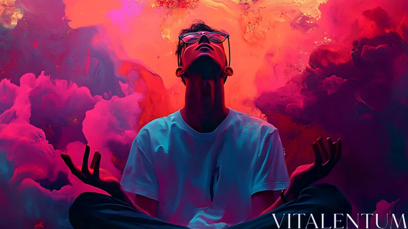 Meditating figure in neon clouds and electric color storm.
