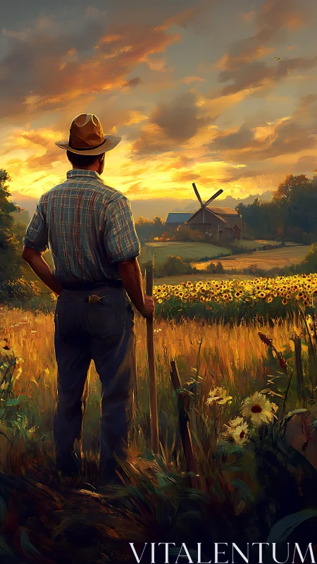 Sunlit agrarian observer facing windmill and sunflower field.