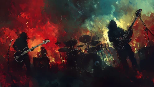 Abstract metal band performance against blazing colors.