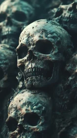 Photorealistic stacked skull composition with shallow depth of field.