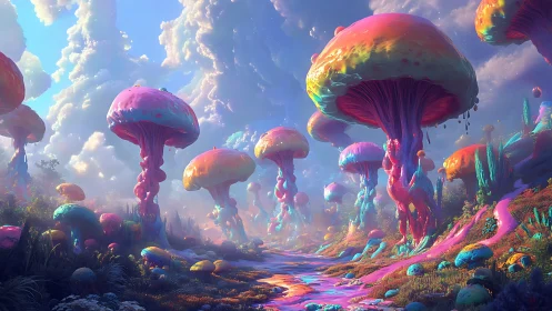 Chromatic fungal megastructures in iridescent cloud valley.