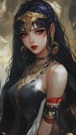Dark-haired fantasy woman with gold jewelry and red eyes.