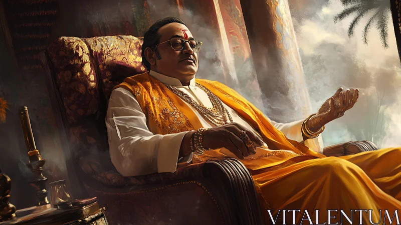 Regal guru seated in ornate chair under diffused golden light