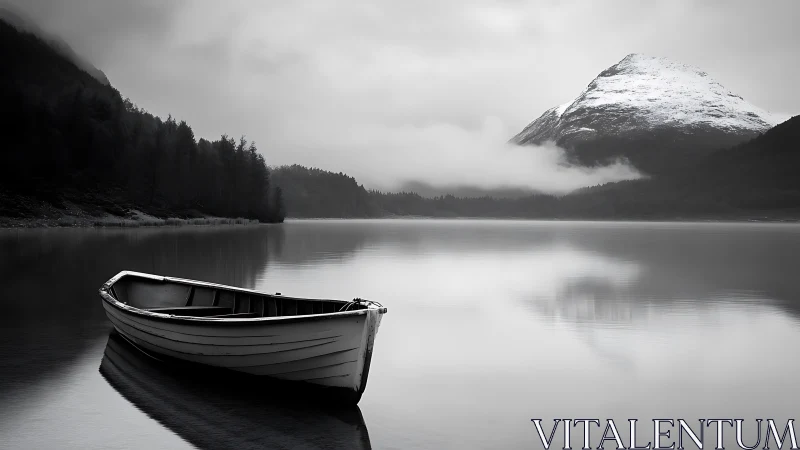 Lonely rowboat on calm misty lake below snowy mountain.