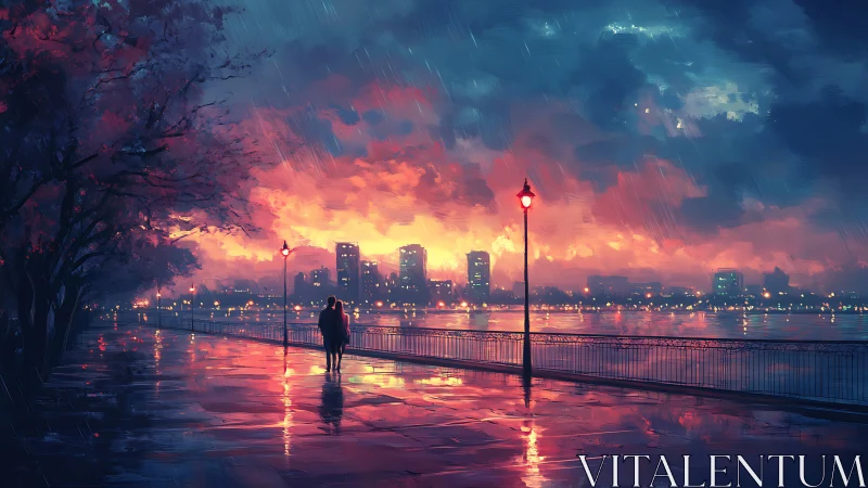 Rain-slick riverside promenade at sunset with luminous skyline.