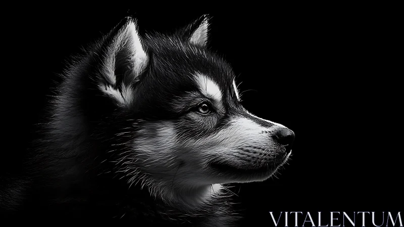 Black and white husky profile on dark background portrait.