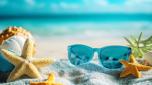 Starfish, seashells and blue shades in sunlit shore daydream.