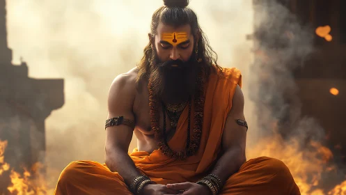 Meditating ascetic in saffron robes amid fire and smoke.