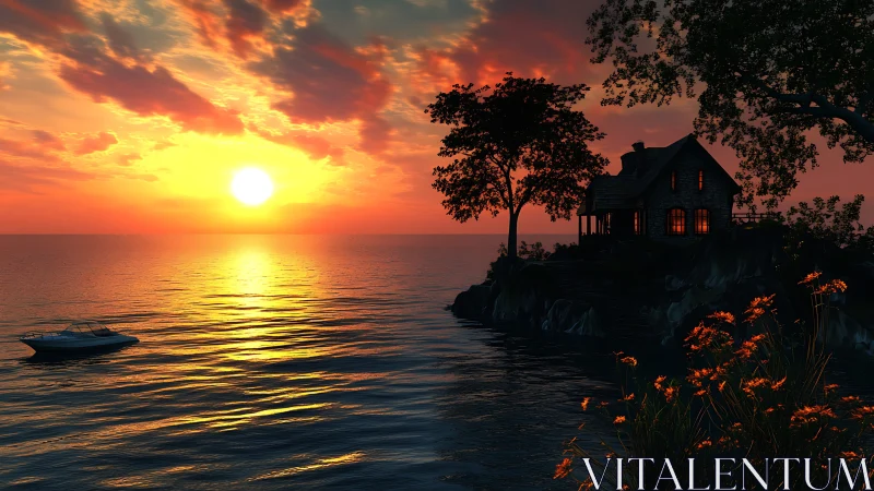 Lakeside cottage and boat at vivid orange sunset glow.