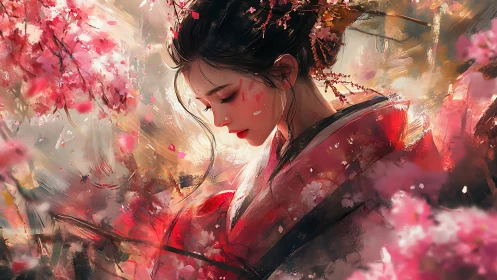 Gentle spring daydream with a kimono girl among blossoms.