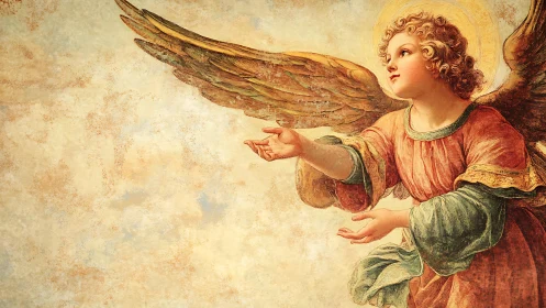 Baroque-style winged cherub in lateral extension, fresco study.