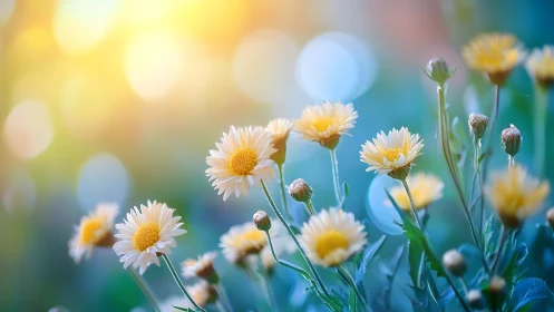 Daisy Garden Field with Soft Focus Bokeh Lighting.