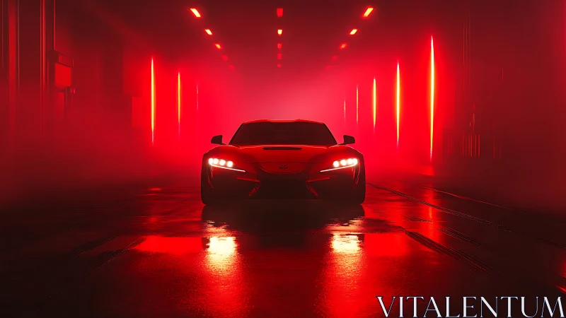 Futuristic red sports car idles under neon tunnel lights
