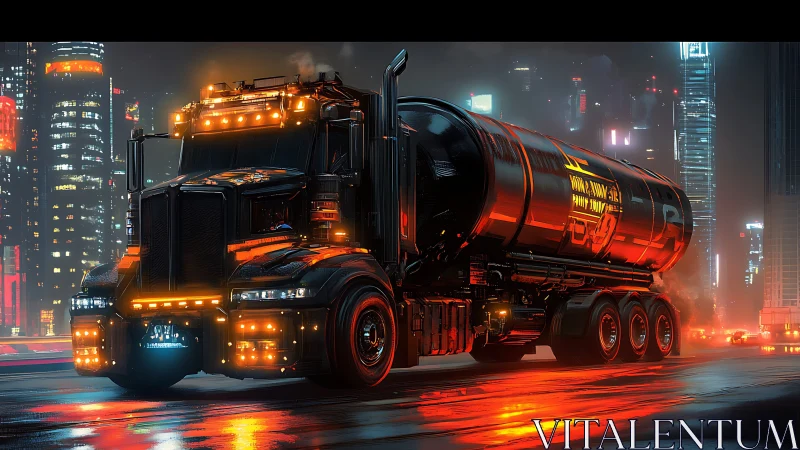 Cyberpunk tanker truck glows against neon city skyline