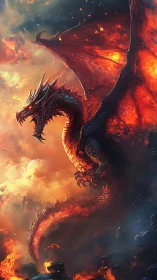 Fiery sky dragon rising through molten clouds of wonder.