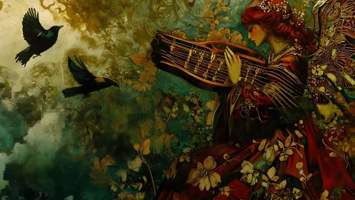 Forest muse with zither and crows in luminous bloom.