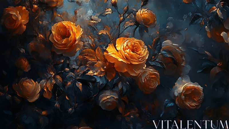 Golden Roses Against Deep Blue Night.